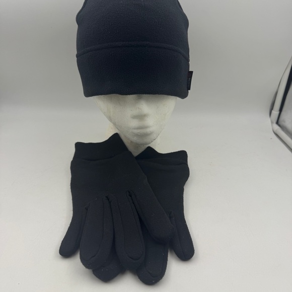 2 SETS Lands' End Black Polartec Fleece Beanie Snuggler Hat and Casual Gloves OS - Picture 4 of 14